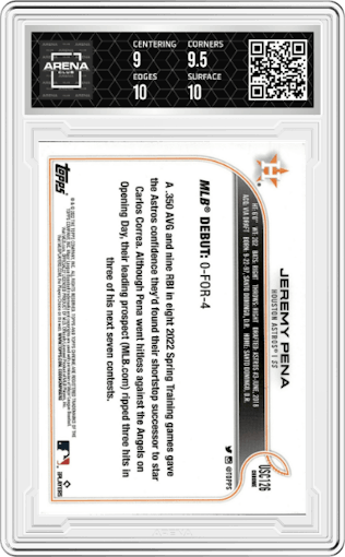 Jeremy Pena from the 2022 Topps Chrome Update set featuring a Purple Ref. parallel graded by Arena Club and given an overall grade of 9.5.