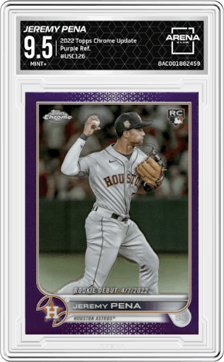 Jeremy Pena from the 2022 Topps Chrome Update set featuring a Purple Ref. parallel graded by Arena Club and given an overall grade of 9.5.