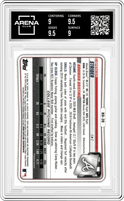 Spencer Strider from the 2020 Bowman Draft set graded by Arena Club and given an overall grade of 9.5.