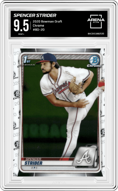 Spencer Strider from the 2020 Bowman Draft set graded by Arena Club and given an overall grade of 9.5.