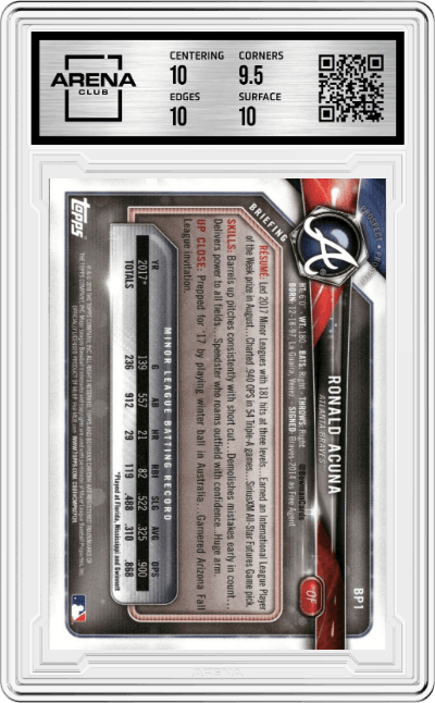 Ronald Acuna from the 2018 Bowman set graded by Arena Club and given an overall grade of 10.