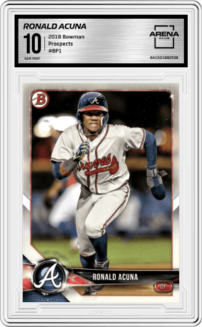 Ronald Acuna from the 2018 Bowman set graded by Arena Club and given an overall grade of 10.