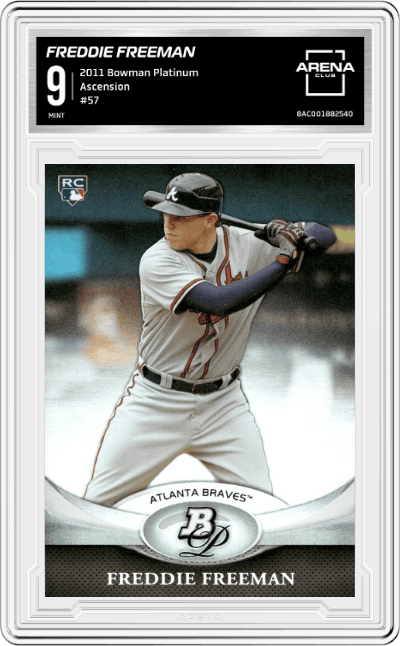 Freddie Freeman from the 2011 Bowman Platinum  set graded by Arena Club and given an overall grade of 9.