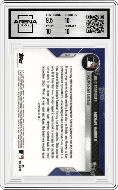 Julio Rodriguez/Michael Harris II from the 2022 Topps Now set graded by Arena Club and given an overall grade of 10.