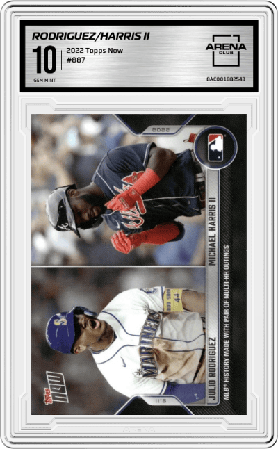 Julio Rodriguez/Michael Harris II from the 2022 Topps Now set graded by Arena Club and given an overall grade of 10.