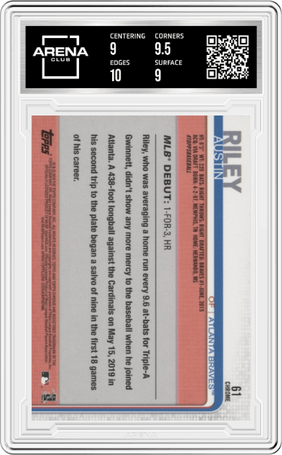 Austin Riley from the 2019 Topps Chrome Update Series set graded by Arena Club and given an overall grade of 9.5.