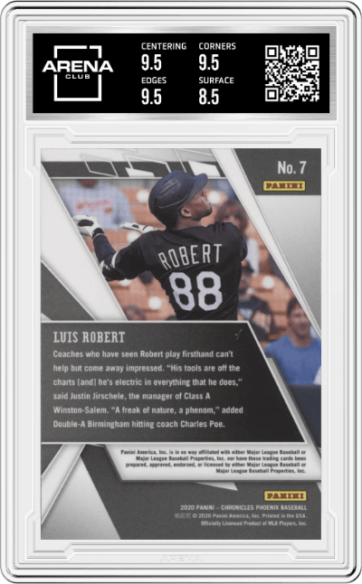 Luis Robert from the 2020 Panini Chronicles set graded by Arena Club and given an overall grade of 9.