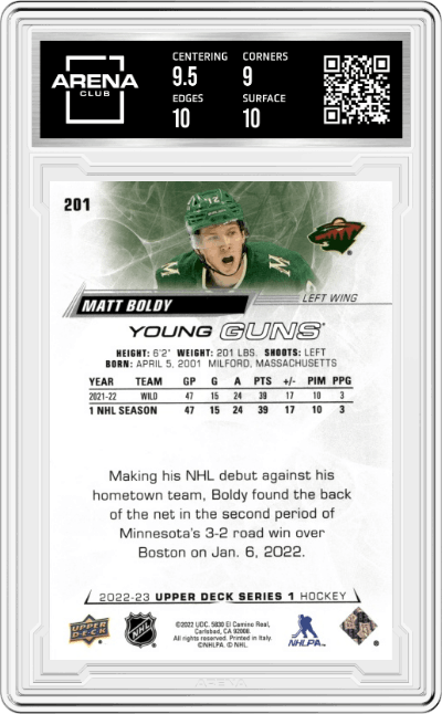 Matt Boldy from the 2022-23 Upper Deck  set graded by Arena Club and given an overall grade of 9.5.