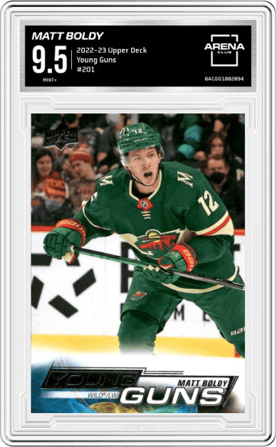 Matt Boldy from the 2022-23 Upper Deck  set graded by Arena Club and given an overall grade of 9.5.