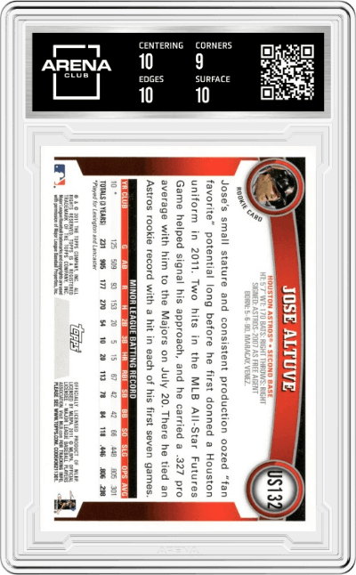 Jose Altuve from the 2011 Topps Update Series Baseball set graded by Arena Club and given an overall grade of 9.5.