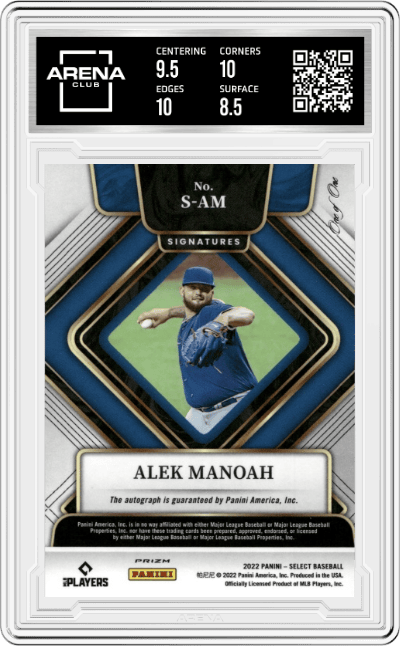 Alek Manoah from the 2022 Panini Select set featuring a Gold Vinyl parallel graded by Arena Club and given an overall grade of 9.