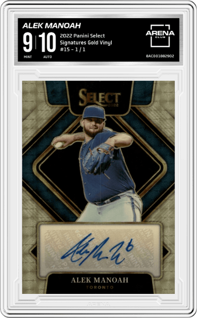 Alek Manoah from the 2022 Panini Select set featuring a Gold Vinyl parallel graded by Arena Club and given an overall grade of 9.