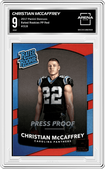 Christian McCaffrey from the 2017 Panini Donruss Football set featuring a PP Red parallel graded by Arena Club and given an overall grade of 9.
