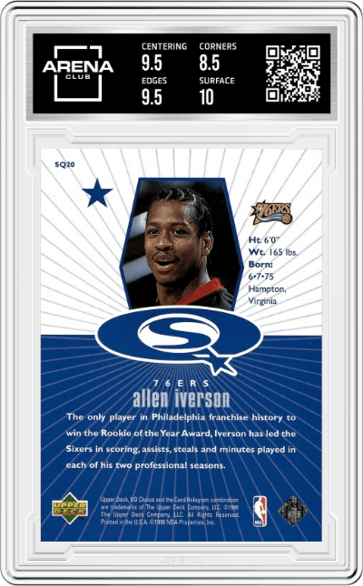 Allen Iverson from the 1998-99 UD Choice set featuring a Blue parallel graded by Arena Club and given an overall grade of 9.
