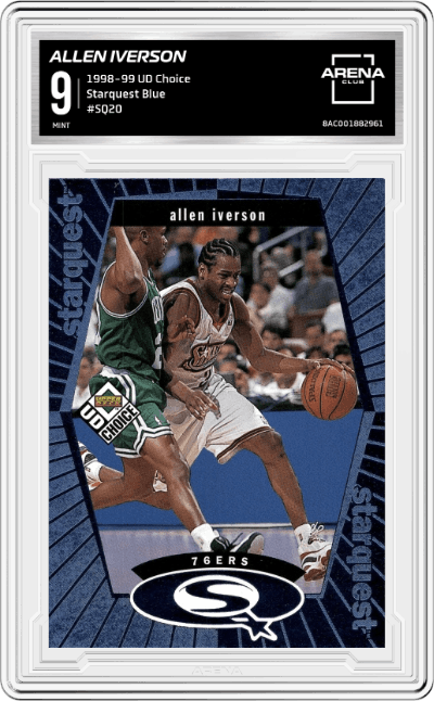 Allen Iverson from the 1998-99 UD Choice set featuring a Blue parallel graded by Arena Club and given an overall grade of 9.