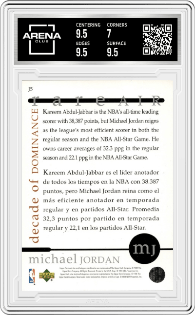 Michael Jordan  from the 1994 Upper Deck Jordan Rare Air set graded by Arena Club and given an overall grade of 7.5.