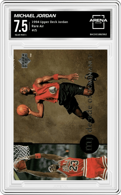 Michael Jordan  from the 1994 Upper Deck Jordan Rare Air set graded by Arena Club and given an overall grade of 7.5.