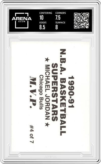 Michael Jordan from the 1990-91 NBA Superstars MVP set graded by Arena Club and given an overall grade of 8.