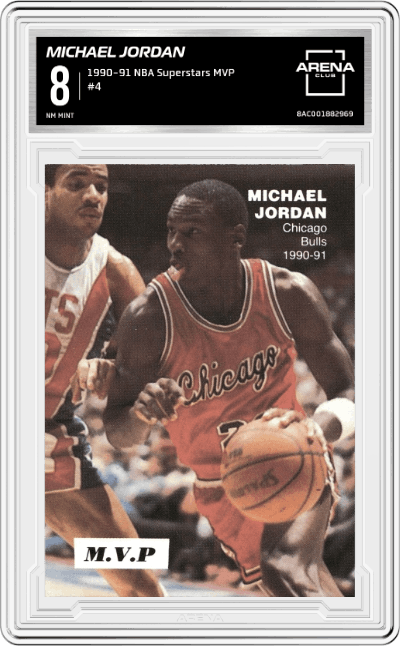 Michael Jordan from the 1990-91 NBA Superstars MVP set graded by Arena Club and given an overall grade of 8.