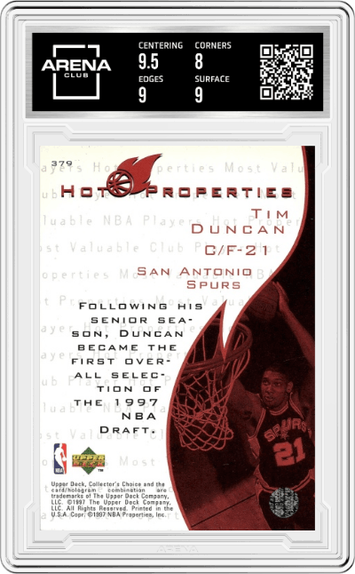 Tim Duncan from the 1997-98 Upper Deck Collector's Choice set graded by Arena Club and given an overall grade of 8.5.