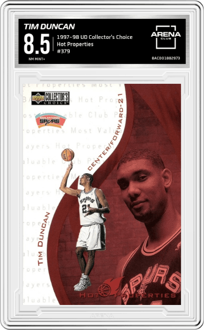 Tim Duncan from the 1997-98 Upper Deck Collector's Choice set graded by Arena Club and given an overall grade of 8.5.