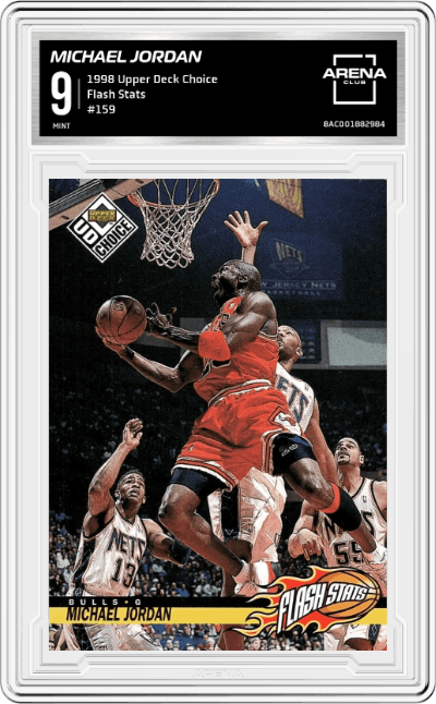 Michael Jordan from the 1998 Upper Deck Choice set graded by Arena Club and given an overall grade of 9.