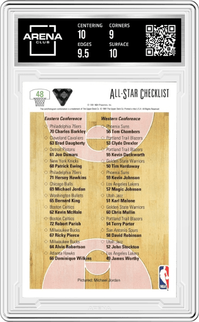 Michael Jordan from the 1991-92 Upper Deck set graded by Arena Club and given an overall grade of 9.5.