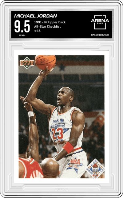 Michael Jordan from the 1991-92 Upper Deck set graded by Arena Club and given an overall grade of 9.5.