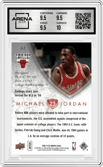 Michael Jordan from the 2009-10 Upper Deck Michael Jordan Legacy Collection Hall of Fame Edition set featuring a Gold parallel graded by Arena Club and given an overall grade of 10.