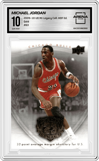 Michael Jordan from the 2009-10 Upper Deck Michael Jordan Legacy Collection Hall of Fame Edition set featuring a Gold parallel graded by Arena Club and given an overall grade of 10.