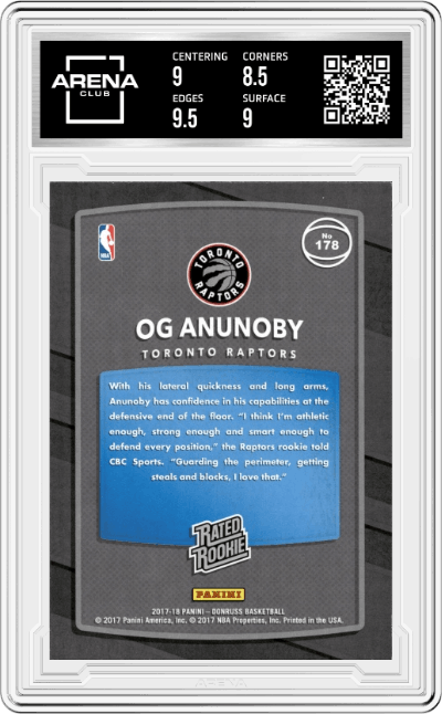 OG Anunoby from the 2017-18 Donruss set graded by Arena Club and given an overall grade of 9.