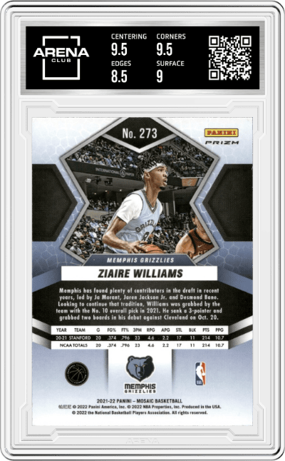 Ziaire Williams from the 2021-22 Panini Mosaic  set featuring a Silver Mosaic parallel graded by Arena Club and given an overall grade of 9.