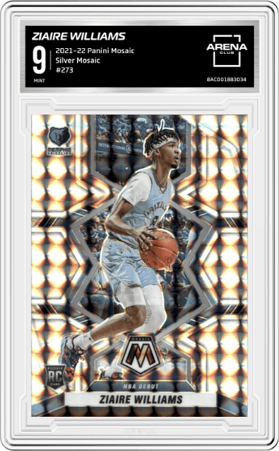 Ziaire Williams from the 2021-22 Panini Mosaic  set featuring a Silver Mosaic parallel graded by Arena Club and given an overall grade of 9.