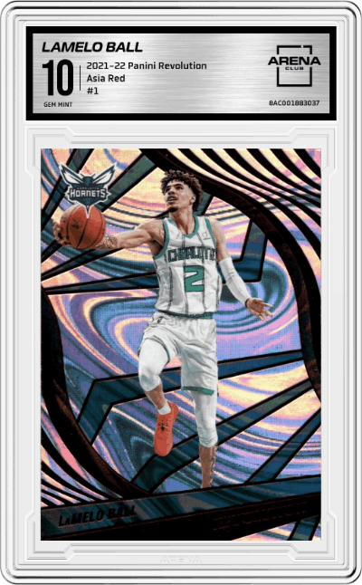 LaMelo Ball from the 2021-22 Panini Revolution  set featuring a Asia Red parallel graded by Arena Club and given an overall grade of 10.