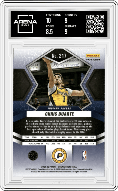 Chris Duarte  from the 2021-22 Panini Mosaic  set featuring a Silver parallel graded by Arena Club and given an overall grade of 9.