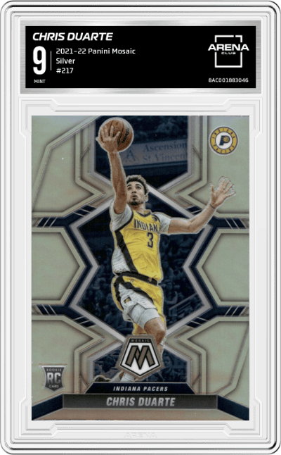 Chris Duarte  from the 2021-22 Panini Mosaic  set featuring a Silver parallel graded by Arena Club and given an overall grade of 9.