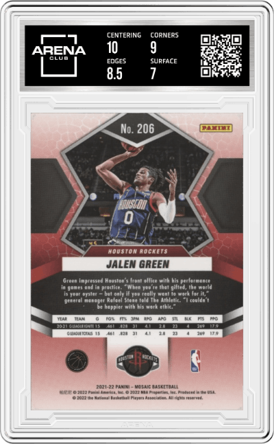Jalen Green  from the 2021-22 Panini Mosaic  set graded by Arena Club and given an overall grade of 7.5.