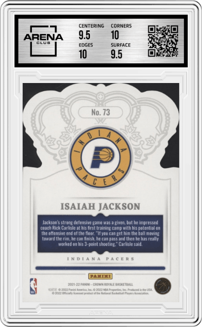 Isaiah Jackson from the 2021-22 Crown Royale set featuring a Asia Red parallel graded by Arena Club and given an overall grade of 10.