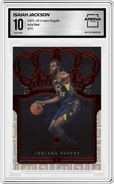 Isaiah Jackson from the 2021-22 Crown Royale set featuring a Asia Red parallel graded by Arena Club and given an overall grade of 10.