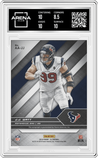 J.J. Watt from the 2019 Panini XR set featuring a Gold parallel graded by Arena Club and given an overall grade of 9.