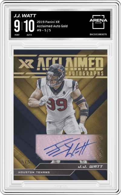 J.J. Watt from the 2019 Panini XR set featuring a Gold parallel graded by Arena Club and given an overall grade of 9.