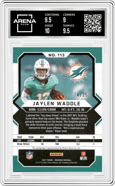 Jaylen Waddle from the 2021 Panini Obsidian set featuring a Electric Etch Yellow parallel graded by Arena Club and given an overall grade of 9.5.