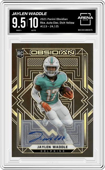 Jaylen Waddle from the 2021 Panini Obsidian set featuring a Electric Etch Yellow parallel graded by Arena Club and given an overall grade of 9.5.