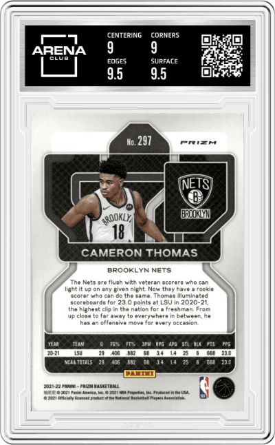 Cameron Thomas from the 2021-22 Panini Prizm  set featuring a Silver Prizm parallel graded by Arena Club and given an overall grade of 9.5.