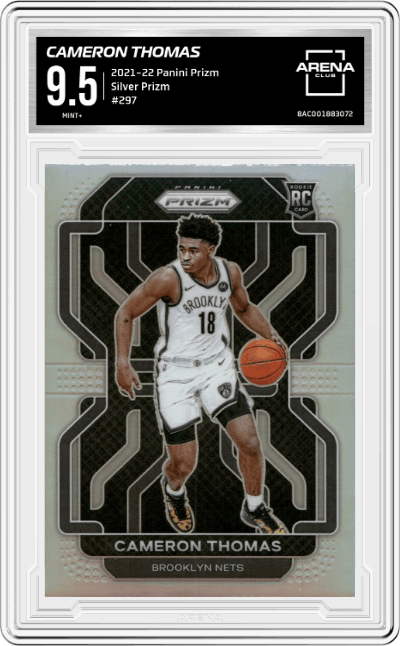 Cameron Thomas from the 2021-22 Panini Prizm  set featuring a Silver Prizm parallel graded by Arena Club and given an overall grade of 9.5.