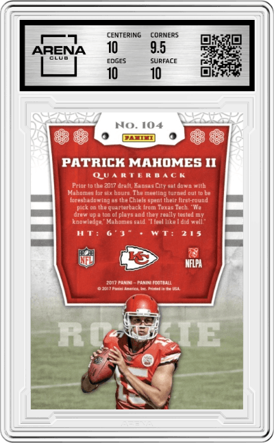 Patrick Mahomes II from the 2017 Panini set graded by Arena Club and given an overall grade of 10.