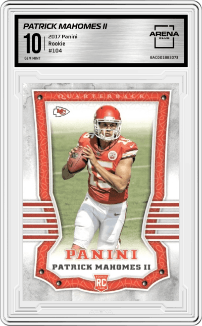 Patrick Mahomes II from the 2017 Panini set graded by Arena Club and given an overall grade of 10.