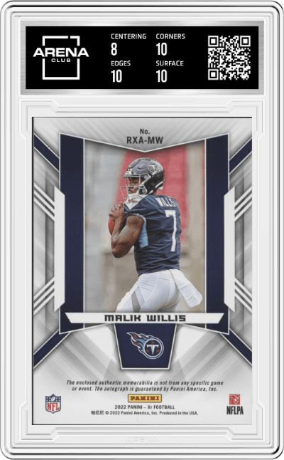 Malik Willis from the 2022 Panini XR set featuring a Orange parallel graded by Arena Club and given an overall grade of 8.5.