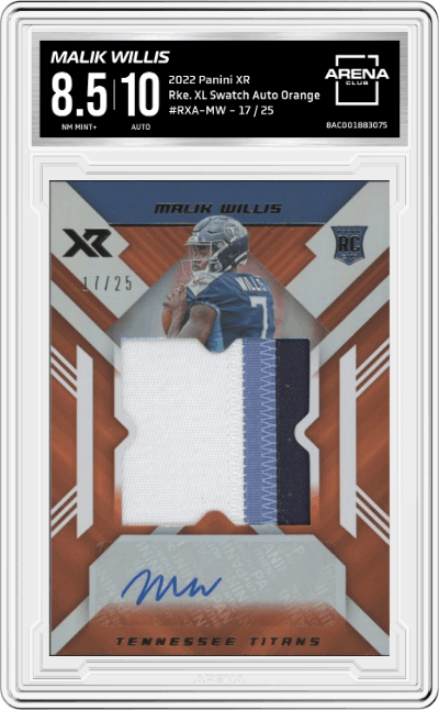 Malik Willis from the 2022 Panini XR set featuring a Orange parallel graded by Arena Club and given an overall grade of 8.5.