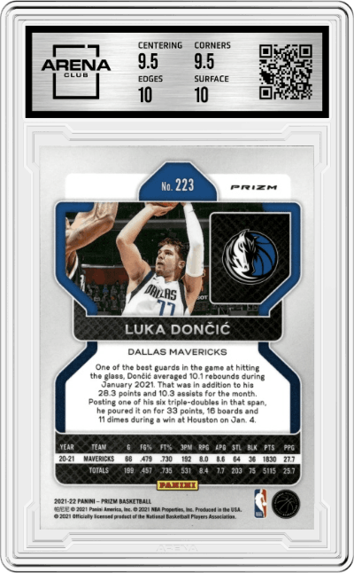 Luka Doncic from the 2021-22 Panini Prizm  set featuring a NBA 75th Prizm parallel graded by Arena Club and given an overall grade of 10.